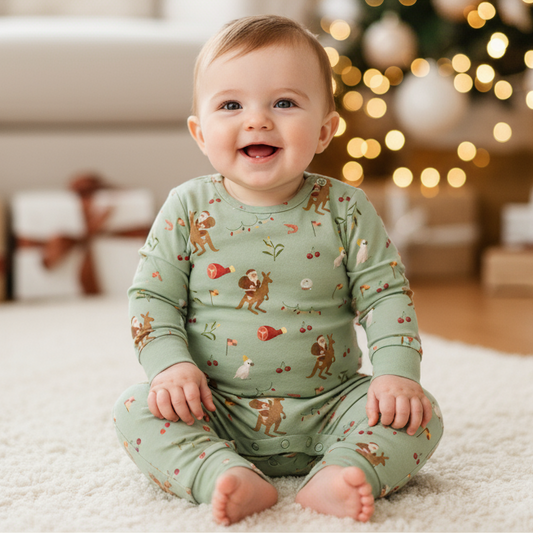 Baby in green pajamas with Christmas theme, surrounded by festive decorations and a gift.