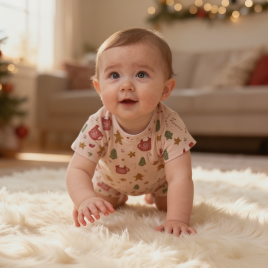 Baby in a patterned onesie sitting on a fluffy white rug in a cozy living room with a Christmas tree.