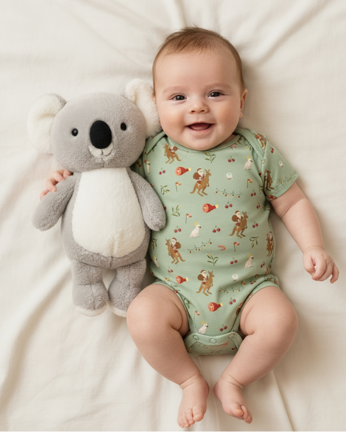 Baby in a green onesie with animal patterns lying on a white blanket with a stuffed koala toy.