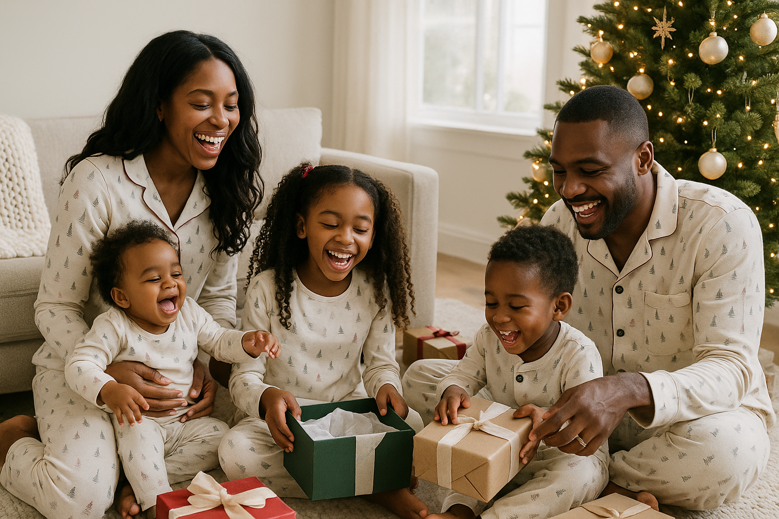 Family of five in matching pajamas opening Christmas presents in front of a decorated tree.